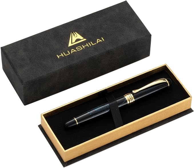 Luxury Metal Rollerball Pen Set – Stainless Steel Barrel, Cool Fine Point Pen with Gift Box & 2 Extra Refills – Premium Business & Signature Pens for Men & Women (Black with Blue Fireworks)