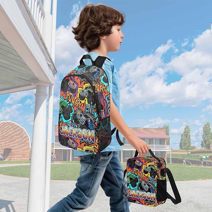 Personalized Cars Toddler Backpack with Name Custom Kids School Backpack for Boys Back to School Supplies Customized Name Schoolbag Bookbag and Water Bottle Cup&Pencil Pouch for Preschool Elementary