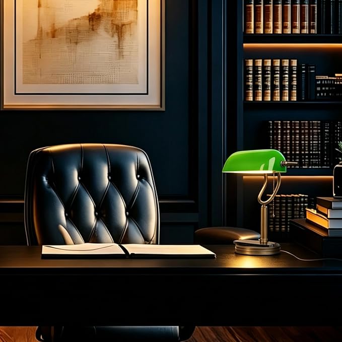 Green Glass Bankers Lamp, Antique lamp with USB Wireless Charging Port, Classic Pull Chain Switch Table lamp, for Home Office nightstand Bedside Study Desk Library