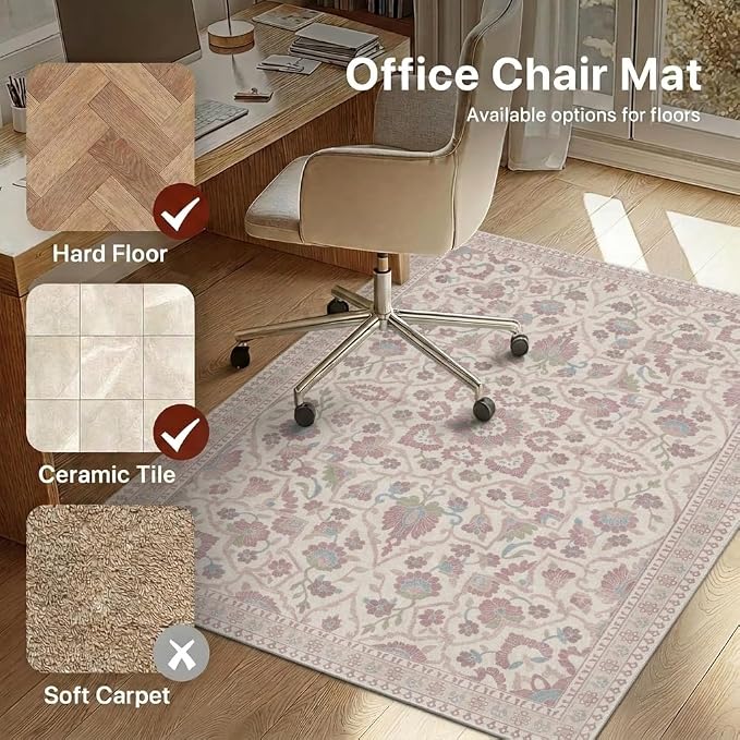 36"x60" Office Chair Mat for Hardwood Tile Floor, Under Desk Carpet Protector for Rolling Computer Chair Mat, Machine Washable Area Rug, Anti-Slip 1/5" Thick Low Pile Thin Vinyl Floor Mat, Dusty Rose
