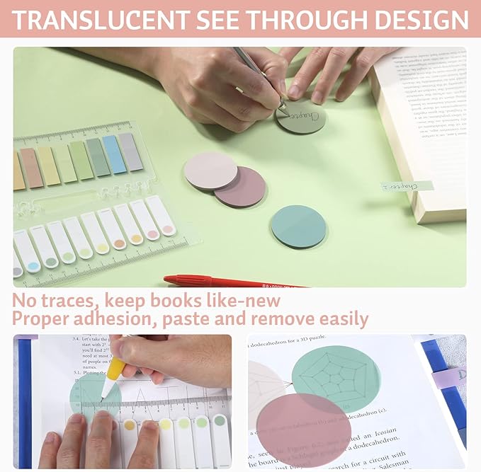 Transparent Sticky Notes, Pastel Round Clear Sticky Note Tabs for Annotating Books,600 Sheets Morandi Translucent Sticky Notes Book Tabs Sticky Tabs Book Markers Office & School Supplies