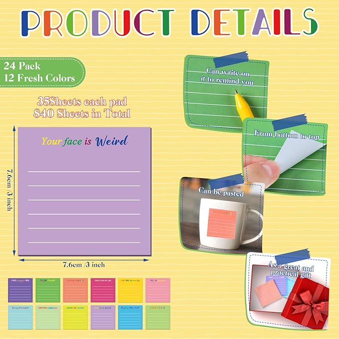 Yinder 24 Pcs Inspirational Sticky Notes Thank You Gift Motivational Sticky Note Pad Employee Appreciation Gift Bulk for Staff Coworker Teacher Nurse Office Groups 3 x 3'' (Funny,Dark Color)