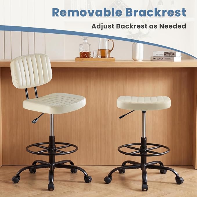 DUMOS Armless Drafting Chair, Low Back Office Seat with Adjustable Footrest Ring for Standing Desk, Ergonomic PU Leather Office Seating, Swivel Rolling High Stool for Studio, Lab, Counter, Beige