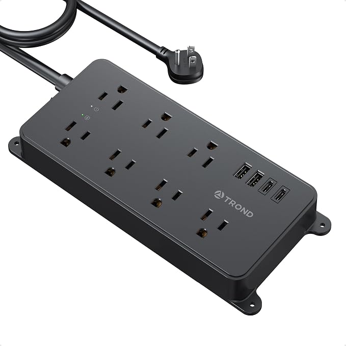 TROND Power Strip Surge Protector 10ft, ETL Listed, Flat Plug Extension Cord with 2 USB-A & 2 USB-C, Wall Mountable, 7 Widely-Spaced Outlets, 1700J, for Home Office Garage, Black