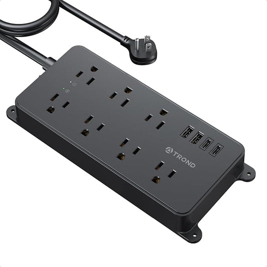 TROND Power Strip Surge Protector 10ft, ETL Listed, Flat Plug Extension Cord with 2 USB-A & 2 USB-C, Wall Mountable, 7 Widely-Spaced Outlets, 1700J, for Home Office Garage, Black