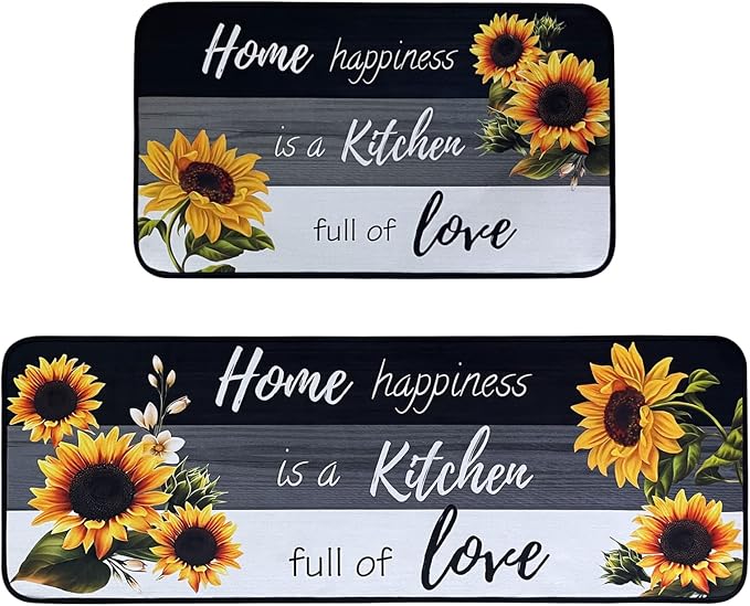 Voanos Sunflower Kitchen Rugs,Non Skid Washable Microfiber mats for Kitchen Floor, Black White Kitchen Cushioned Runner Rug Decor Sets of 2,Size 17"x 47"+17"x 30"