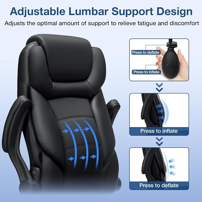 HOFFREE Executive Office Chair with Adjustable Lumbar Support,450lbs Heavy Duty Big & Tall PU Leather Ergonomic Desk Chair with Flip-up Armrests, Comfy Computer Chair for Home Office,Black