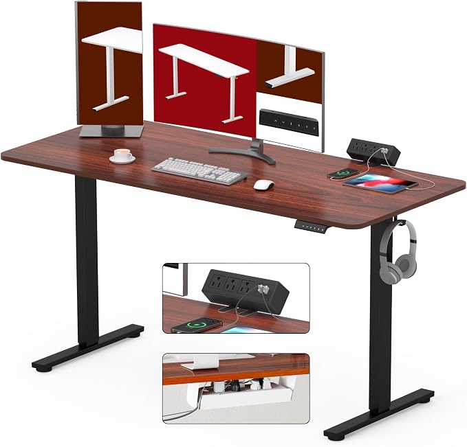 SANODESK Electric Standing Desk with Clamp Power Strip 60"x 24" Whole-Piece Desktop Height Adjustable Stand Up Desk with Cable Management Home Office Desk Black Frame/Mahogany Top