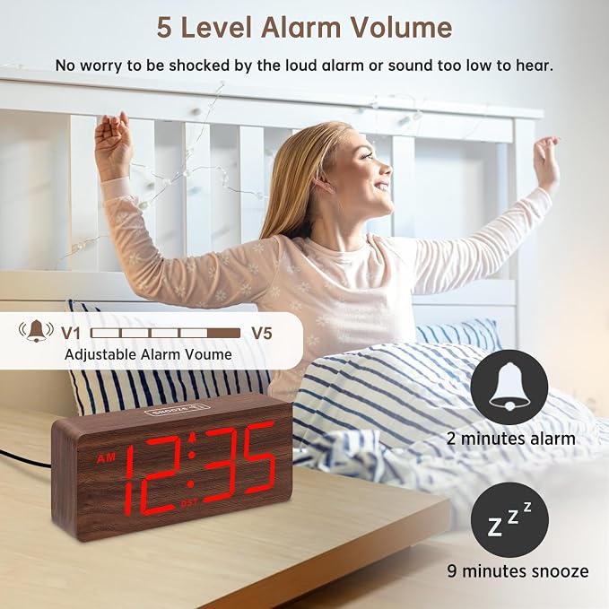 DreamSky Wooden Digital Alarm Clock for Bedroom with Large Numbers | Desk Clocks for Living Room, Office, Dimmer, Loud Alarm for Heavy Sleepers with Volume Control, DST, Wood Decor (Plug-in)