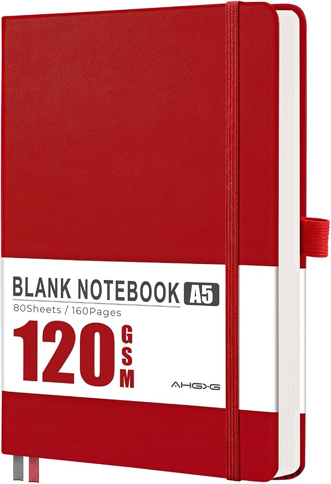 AHGXG Blank Journal Notebook, 160 Pages, A5 Medium Size (5.7'' x 8.3''), 120 GSM Thick Paper, Leather Hardcover, for Sketching, Drawing, Painting (Red)