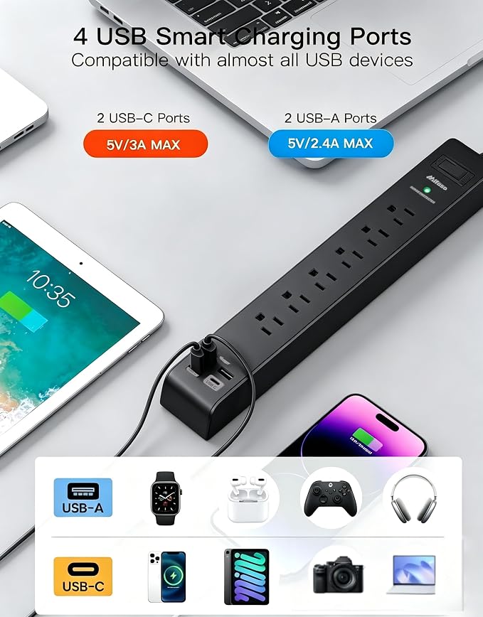 Surge Protector Power Strip 5FT, 10-in-1 with 6 AC Outlets 4 USB Ports(2 USB-C), Ultra Flat Plug Braided Extension Cord, Wall Mountable, 1080J Surge Protection, Black