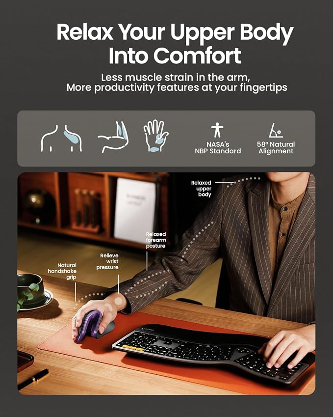 ProtoArc EM11 NL Wireless Ergonomic Mouse, Rechargeable, Black Purple | 58° vertical design supports a natural wrist posture, connect 3 devices via Bluetooth/2.4G USB-A, 500mAh USB-C rechargeable.