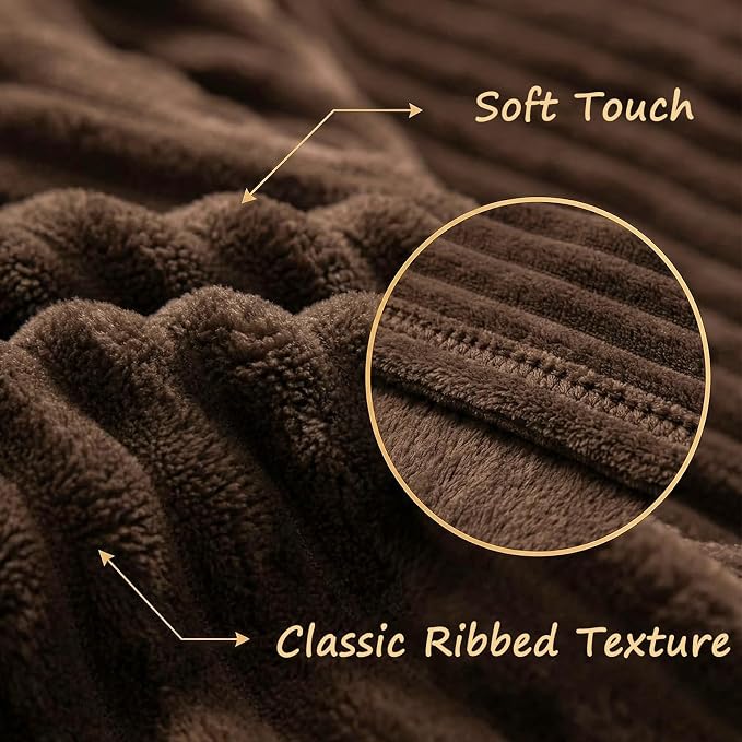 Vessia Flannel Fleece Throw Blanket, 300GSM Cozy Brown Stripe Throw for Couch, Sofa and Bed, Warm and Soft Chocolate Microfiber Ribbed Blanket for All Season
