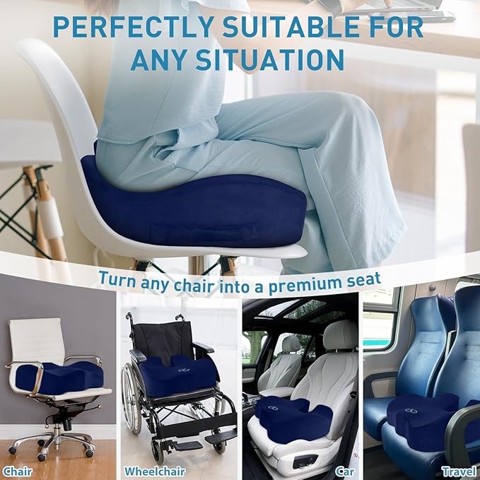 BlissTrends Seat Cushion,5.2in Thick Memory Foam Cushions for Office Chair, Car Seat, Airplane, Relieving Pressure Tailbone Sciatica Back Pain for Long Sitting Office Workers, Car Drivers Blue