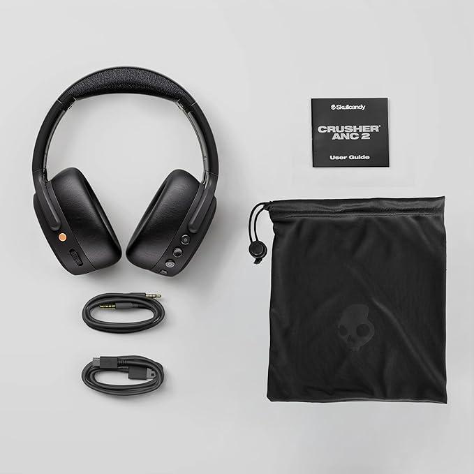 Skullcandy Crusher ANC 2 Wireless Over-Ear Bluetooth Headphones with Multi-Sensory Bass, Active Noise Cancelling, Up to 60 Hours Battery, Microphone for iPhone Android - True Black