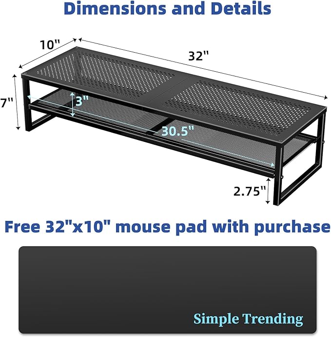 Simple Trending 2 Tier Metal Dual Monitor Stand Riser with 32"x10" Mouse Pad, Computer Desk Organizer for 2 Monitors, Laptop, Printer, TV, Black