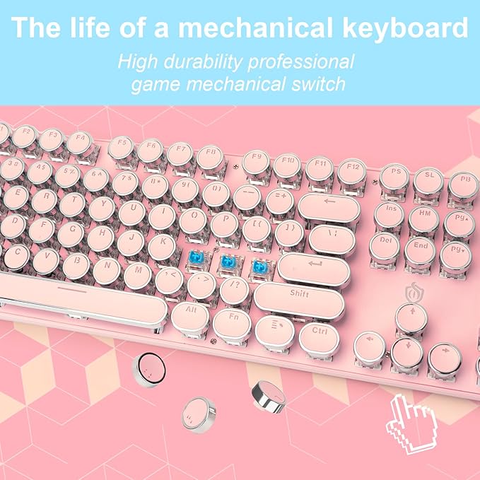 Typewriter Style Mechanical Gaming Keyboard LED Backlit Wired with Blue Switch Retro Round Keycap 104 Keys Keyboard (Pink 104Keys LED)