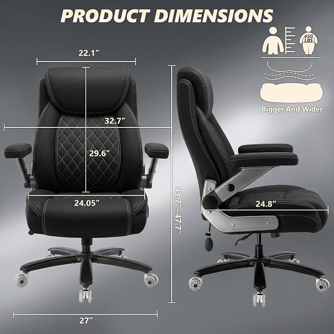 650LBS Big and Tall Office Chair with 5D Flip Arms and Thick Pocket Spring Cushion, Extra Wide Heavy Duty Office Chair & Adjustable Lumbar Support, Large High Back Computer Chair Dual Rubber Wheel