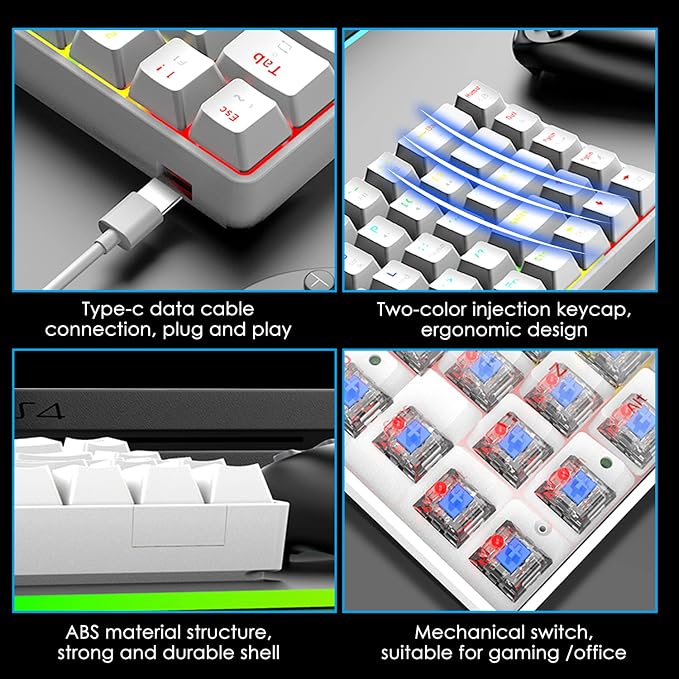 65% Wired Gaming Mechanical Keyboard and Mouse Combo, Mini 68 Keys, RGB Backlight, Lightweight RGB Optical Mouse,Mouse Pad Compatible with PS4,Xbox,PC,Laptop,MAC (White/Blue Switch)