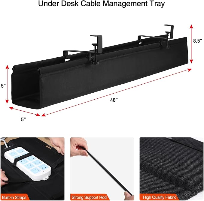 MAXECHO Under Desk Cable Management Tray 48" - Clamp on Wire and Cable Organizer for Storage and to Hide Cords - Ideal for Home Office - Premium Black Fabric Design