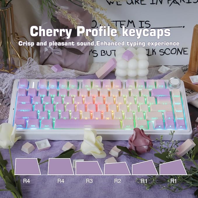 Sunzit PBT Keycaps - Taro Milk Tea Side Printed Keycap Set,133 Keys Shine Through Custom Key caps, Dye-Sublimation Cherry Profile Keycap for MX Switches Mechanical Keyboards