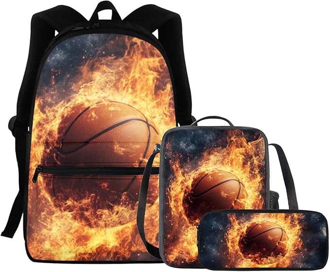 Fire Basketball Kids Backpack Large Capacity School Bag Book Bag for Kindergarten Boys Book Bag 3pcs School Bag Set with Lunch Box Pencil Case Back To School Supplies