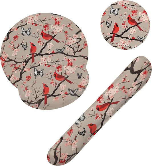 Cardinal Cherry Blossom Butterfly Keyboard Wrist Rest Pad and Mouse Pad Wrist Support Set,3-in-1 Ergonomic Mouse Pad with Non-Slip Rubber Base for Home Office Game Computers Desk,