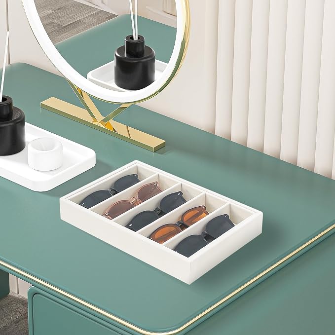 Bedside Organizer - Multi-use Holder for Desk Drawer, Nightstand, Desktop - Catchall Tray for Jewelry, Sunglasses, Phone, Watch, Perfume, Lipstick (Beige 5Grid)