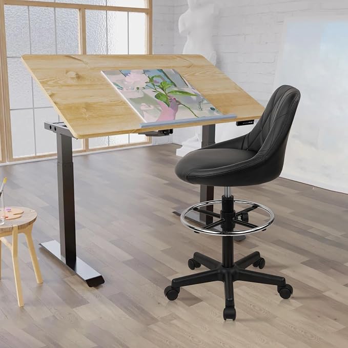 KLASIKA Drafting Chair with Back, Leather Rolling Swivel Stool with Adjustable Height and Footrest, Ergonomic Tall Standing Desk Office Chairs with Wheels for Home Work Shop Kitchen Bar, 2PK