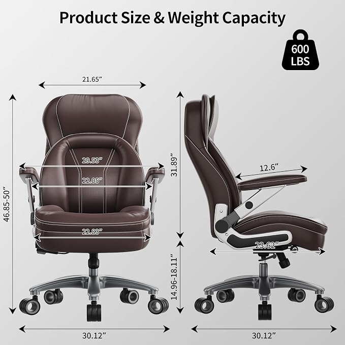 Big and Tall Office Chair, Heavy Duty Desk Chair with 5D Arms, Adjustable Lumbar Support & Height, Tilt Function, PU Leather High Back Ergonomic Executive Computer Chair