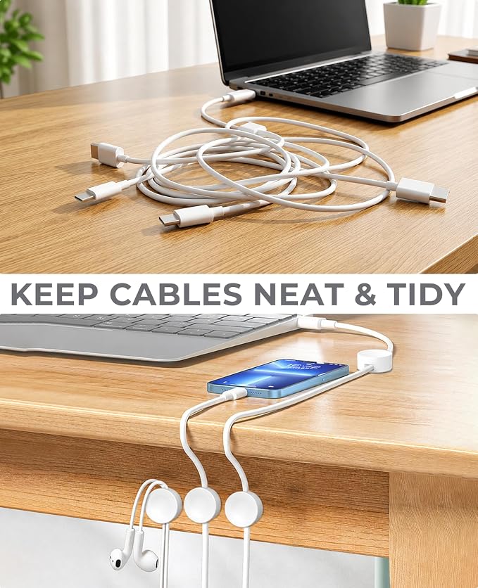 Magnetic Cable Holder, 8 Cable Clips for Desk Cord Management, White | Organize USB Wires, Laptop Chargers, Dashcam, Car Phone Lines, Home, Nightstand, Workspace & Travel RV Wire Organizers
