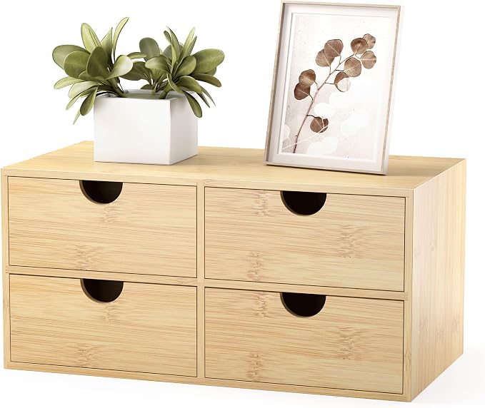 Wisuce Desk Organizer with Drawers - Bamboo Desktop Organizer Storage | White-Natural Wood Desk Drawers Organizer for Bills, Office Supplies, Cosmetics, Seals No Assembly Required(4 drawers)