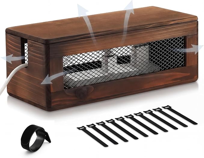 Chunful Extra Large Cable Management Box, 16'' Wood Cord Hider Organizer with Ventilation Nets & Organizer for Power Strip, TV Wires & Desk Cable Storage, Magnetic Lid Hide Floor Cables