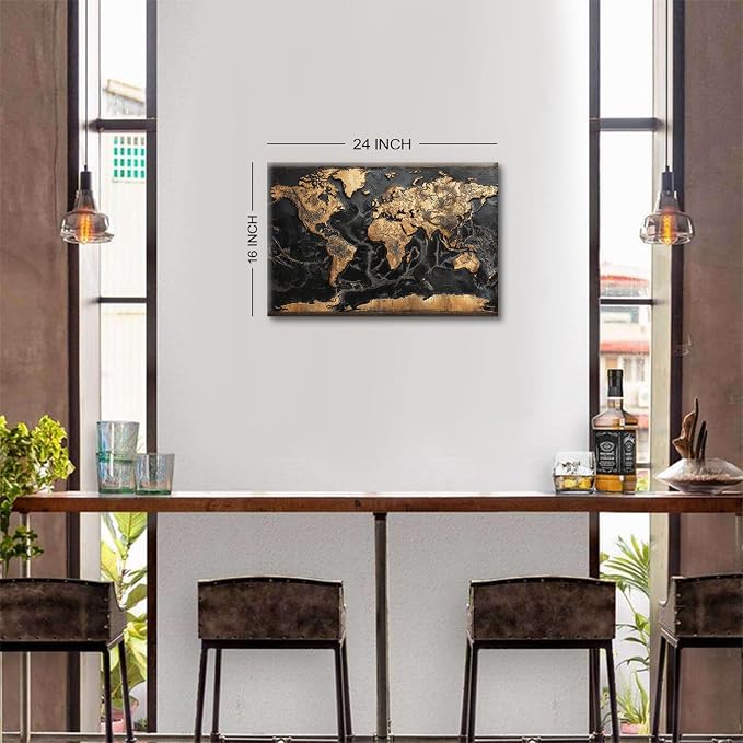 Abstract World Map Wall Art Black and Gold Wall Decor for Living Room Vintage Modern Office Canvas Painting Global World Maps for Wall Decorations Nautical Theme Poster Artwork Home Decor 16x24”