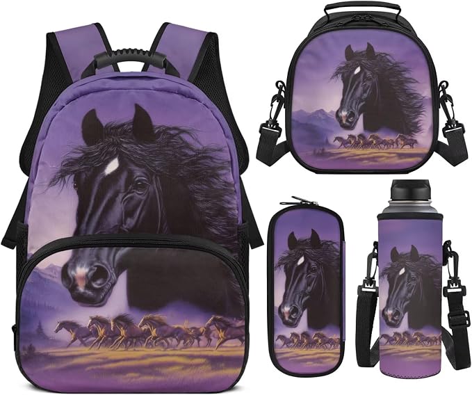 4 Pcs Western Horse Backpack Set - Elementary School Backpacks for Boys Girls with Lunch Box - 17 Inch Purple Bookbag for Kids Ages 6-10 Back to School - Lightweight & Portable