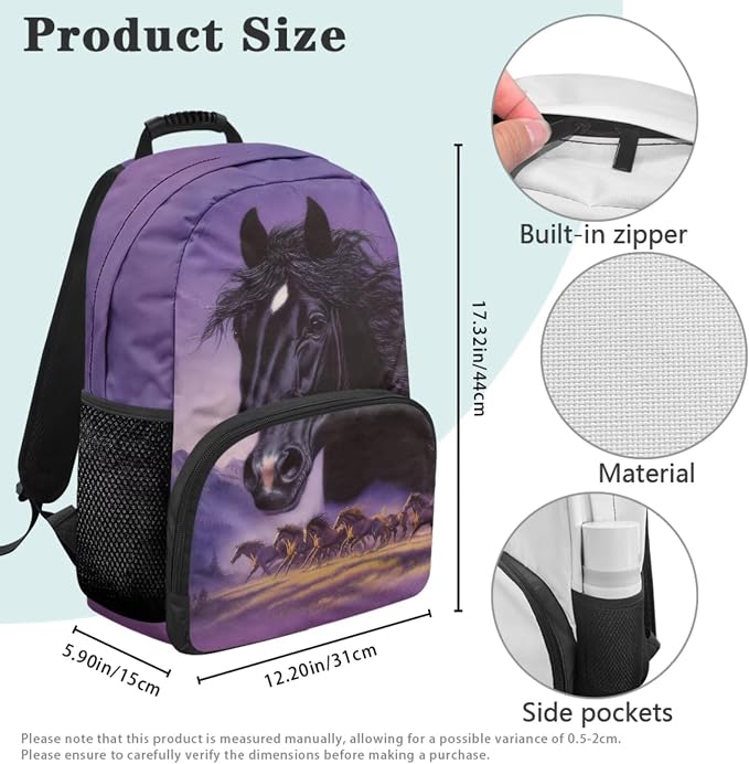 4 Pcs Western Horse Backpack Set - Elementary School Backpacks for Boys Girls with Lunch Box - 17 Inch Purple Bookbag for Kids Ages 6-10 Back to School - Lightweight & Portable
