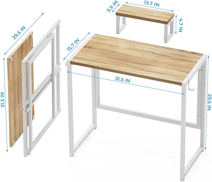 GreenForest Folding Desk with Monitor Stand, 31.5 Inch Foldable Computer Desk with Hook and Storage, Sturdy Small Space-Saving Writing Work Table for Home Office Dorm, Oak