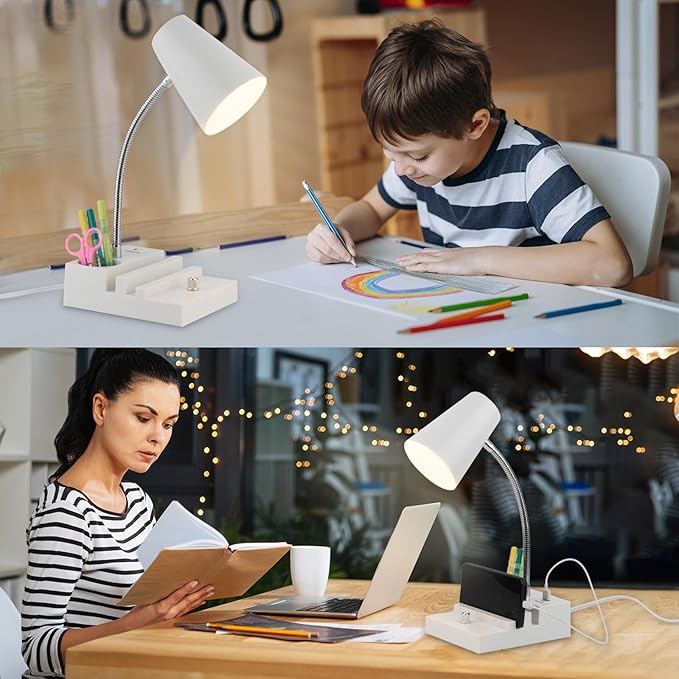 Study Desk Lamp with USB Charging and Type-C Night Light, Gooseneck LED Table Lamp Stepless Dimming Study Table Lamp with Pen Holder for College Dorm Bedroom and Office (White)