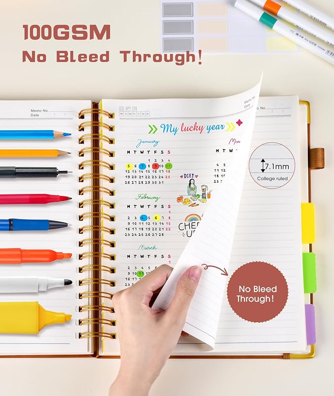 Hardcover Spiral Notebook journal with Removable Dividers Tabs, 300 Pages Leather 5 Subject Notebook College Ruled,A5 Notebooks for Work School Note taking,Lined Journal for Women,A5 Light Brown
