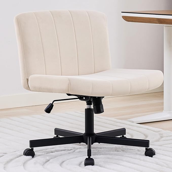 LukkDys Criss Cross Chair with Wheels, Wide Cross Legged Desk Chair, Comfy Fabric Vanity Chair for Home Office Bedroom, Adjustable Armless Swivel Task Chair with 90–115° Tilt, Beige