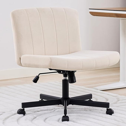 LukkDys Criss Cross Chair with Wheels, Wide Cross Legged Desk Chair, Comfy Fabric Vanity Chair for Home Office Bedroom, Adjustable Armless Swivel Task Chair with 90–115° Tilt, Beige