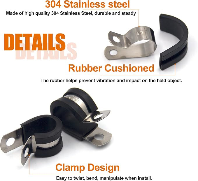 ISPINNER 52pcs Cable Clamps Assortment Kit, 304 Stainless Steel Rubber Cushion Pipe Clamps in 6 Sizes 1/4" 5/16" 3/8" 1/2" 5/8" 3/4"
