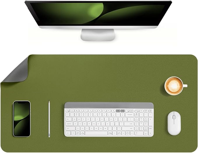Dual Sided Desk Pad Faux Leather Desk Mat Large Mouse Pad | Desk Pad Protector Non-Slip Waterproof Desk Mouse Pad for Writing Desk, Office, Home(Green Gray 31.5"X15.7")