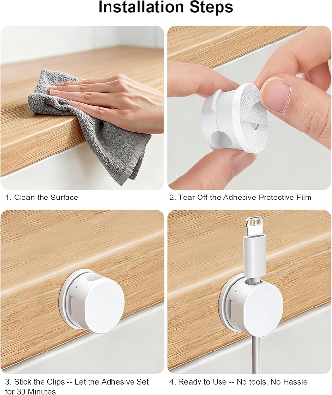 OneLeaf 12 Pack Spring Cable Clips for Phone Charger, One-Hand Cord Holder for Nightstand & Desk, Rotatable Desk Cable Management with Strong Adhesive, White