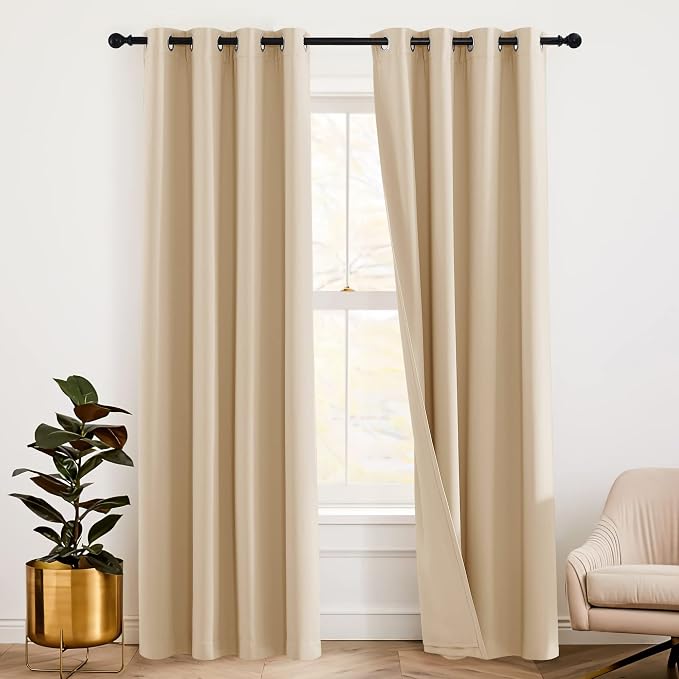 RYB HOME 3-in-1 Set Sound Absorbing Blackout Thermal Insulation Curtains, Inside Detachable Felt Liner Noise Reduce Sunlight Block for Daytime Sleep Bedroom, Biscotti Beige, Wide 52 x Long 108, 1 Pair