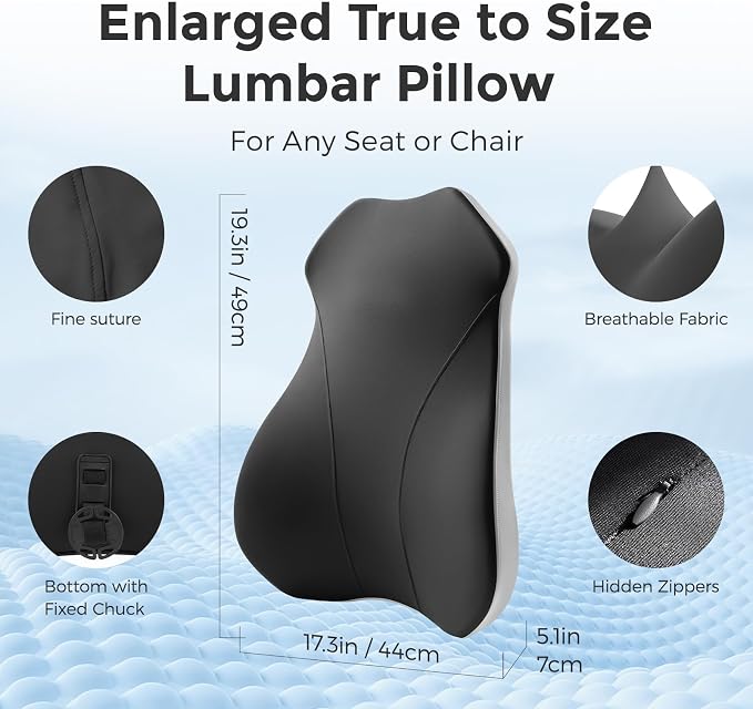 Lumbar Support Pillow for Car, Memory Foam Back Cushion for Driving Seat, Truck Accessories Travel Essentials, Back Pain Relief, Washable Cover, Plus Size Lower Back Support Fits Most Cars (Black)