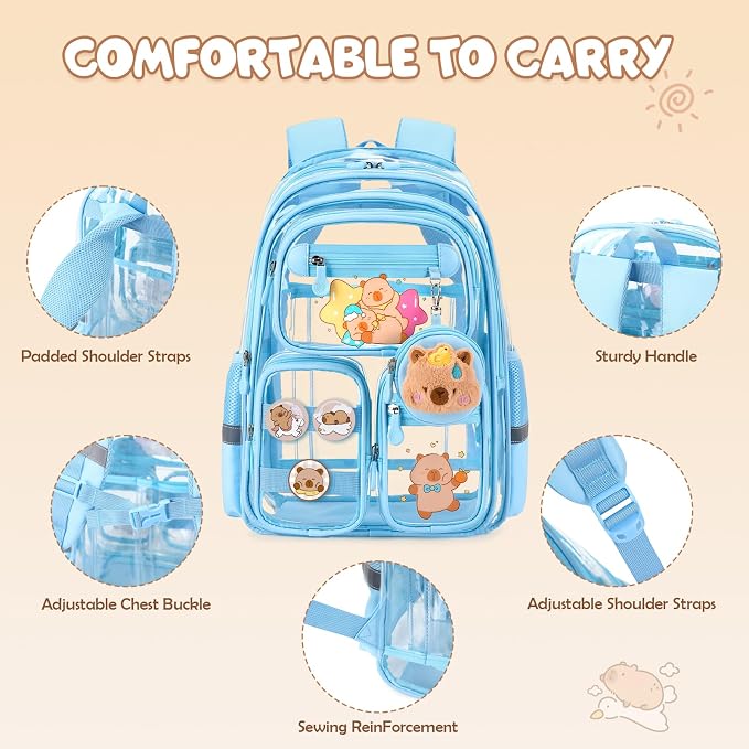 Capybara Theme Clear Backpack, 28Pcs School Supplies Stationery Transparent Backpack Set with Lunch Box Pencil Case Pens Notebooks for Kids Girls Elementary Middle School Stadium Approved