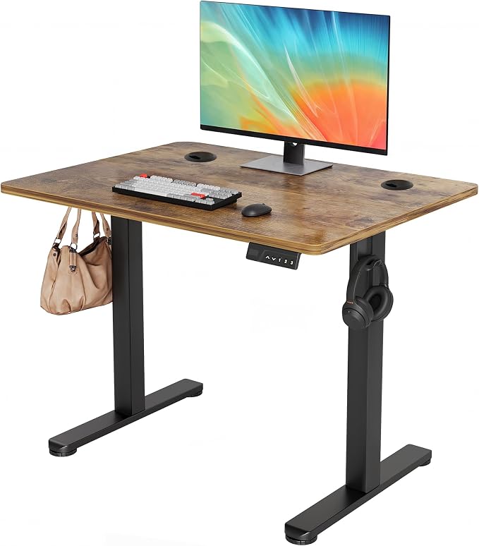 YDN Electric Standing Desk Adjustable Height, 32 x 19 Inches Stand up Desk with Cable Management, Home Office Desks with Splice Board & Black Frame, Rustic Brown Top