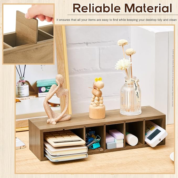 Jetec Wooden Pencil Pen Holder for Desk 6 Compartments Cosmetic Makeup Brush Stationery Office Desktop Organizers for Countertop Adjustable Silverware Caddy for Home and Party, Art Supplie(Wood Color)