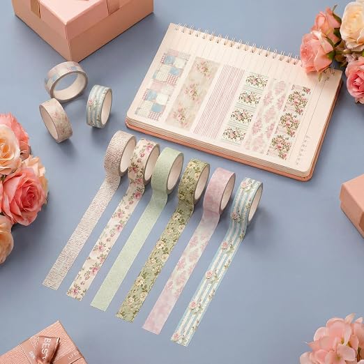 12 Rolls Watercolor Floral Washi Tape Set 15 mm Vintage Flower Decorative Masking Tape for Summer School Arts DIY Craft Scrapbook Journal Supplies Gifts(Vintage Pink,Cottagecore)
